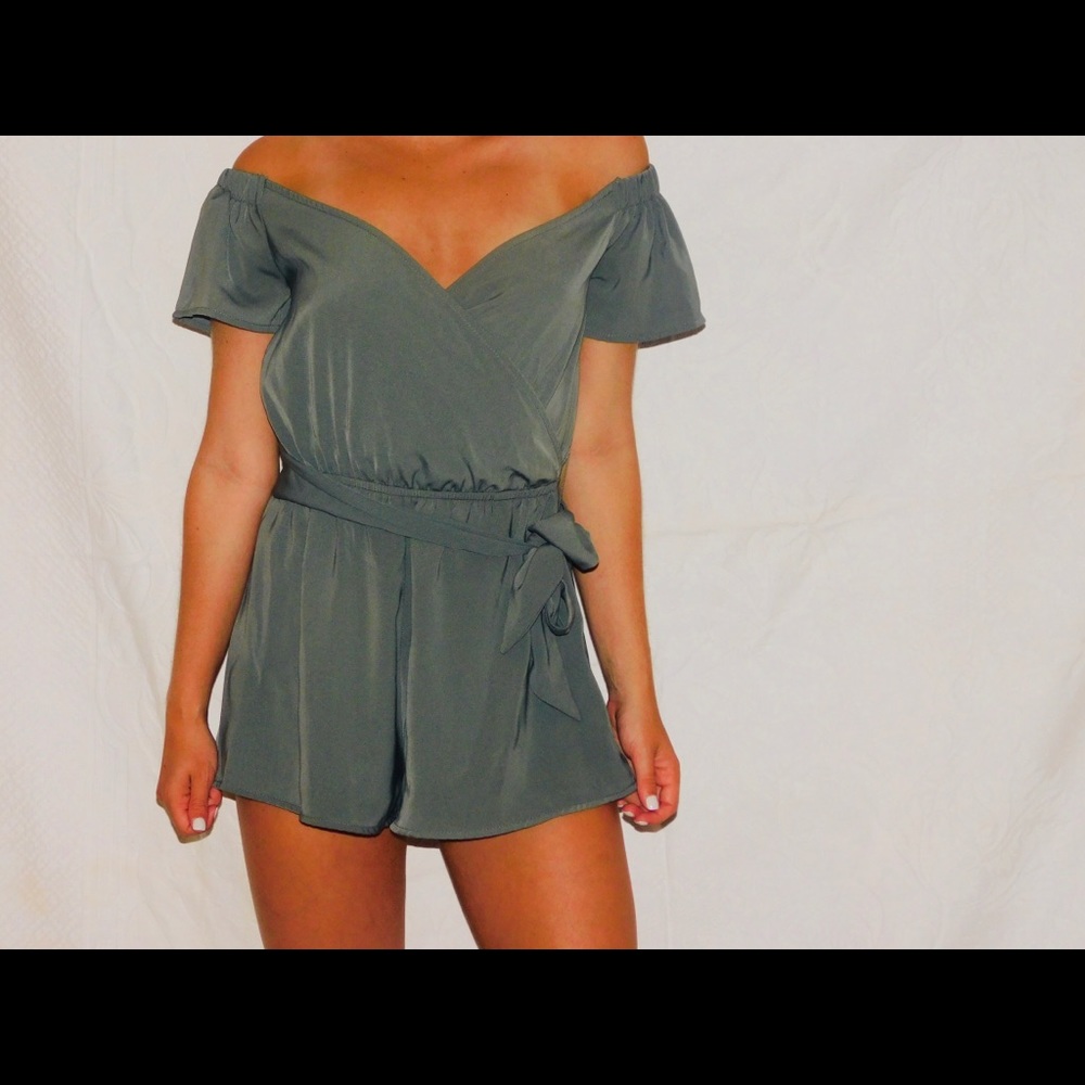 Olive Green Off Shoulder Wrap Romper